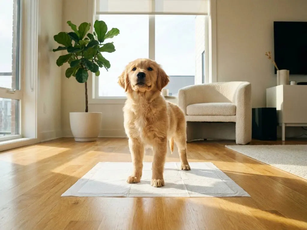 A cute puppy standing proudly on a clean training pad in a bright living room, representing successful potty training.