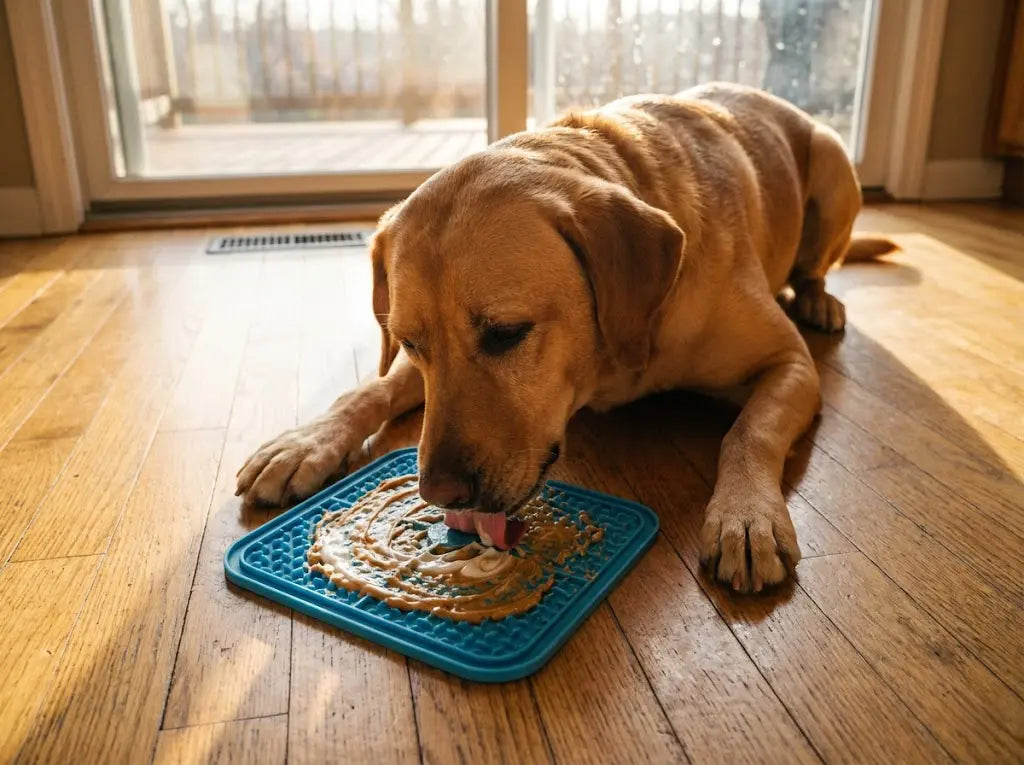 A dog calmly licking peanut butter off a textured lick mat on a kitchen floor to relieve boredom and stress.