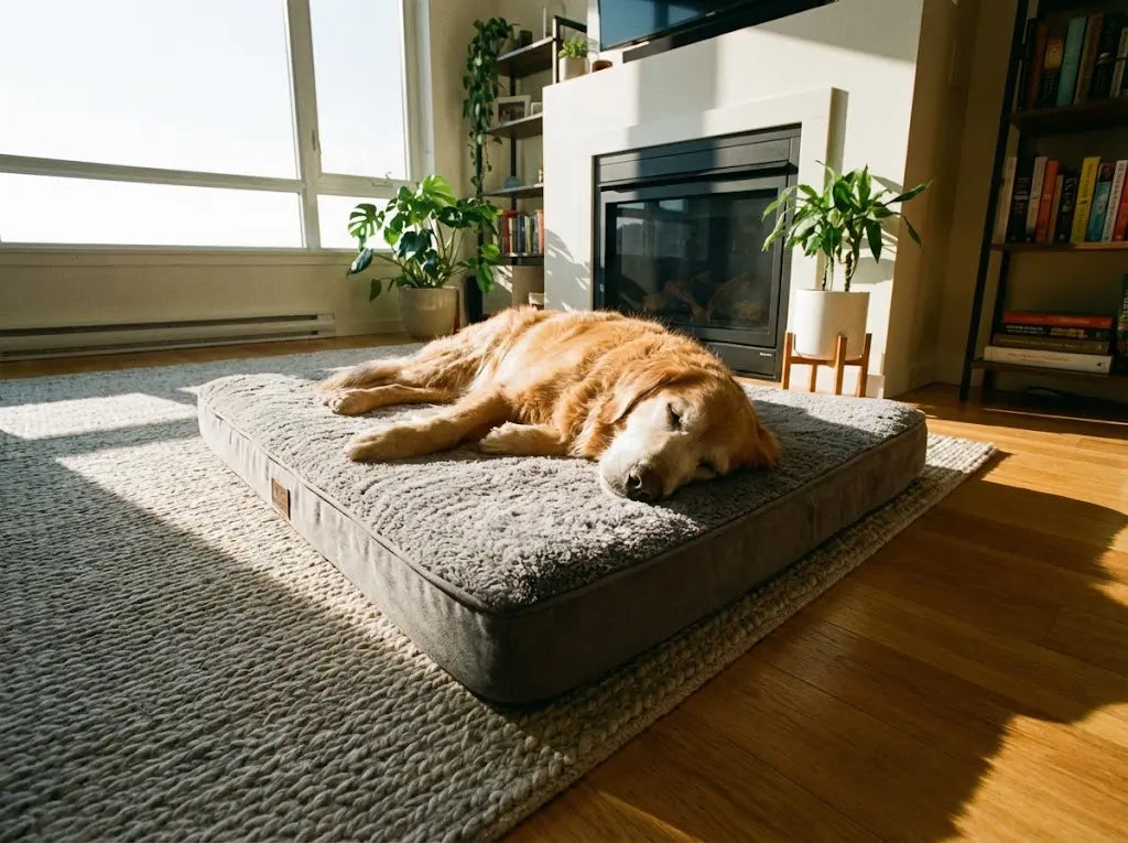 A senior dog sleeping peacefully on an orthopedic memory foam bed in a modern apartment, illustrating proper joint recovery.