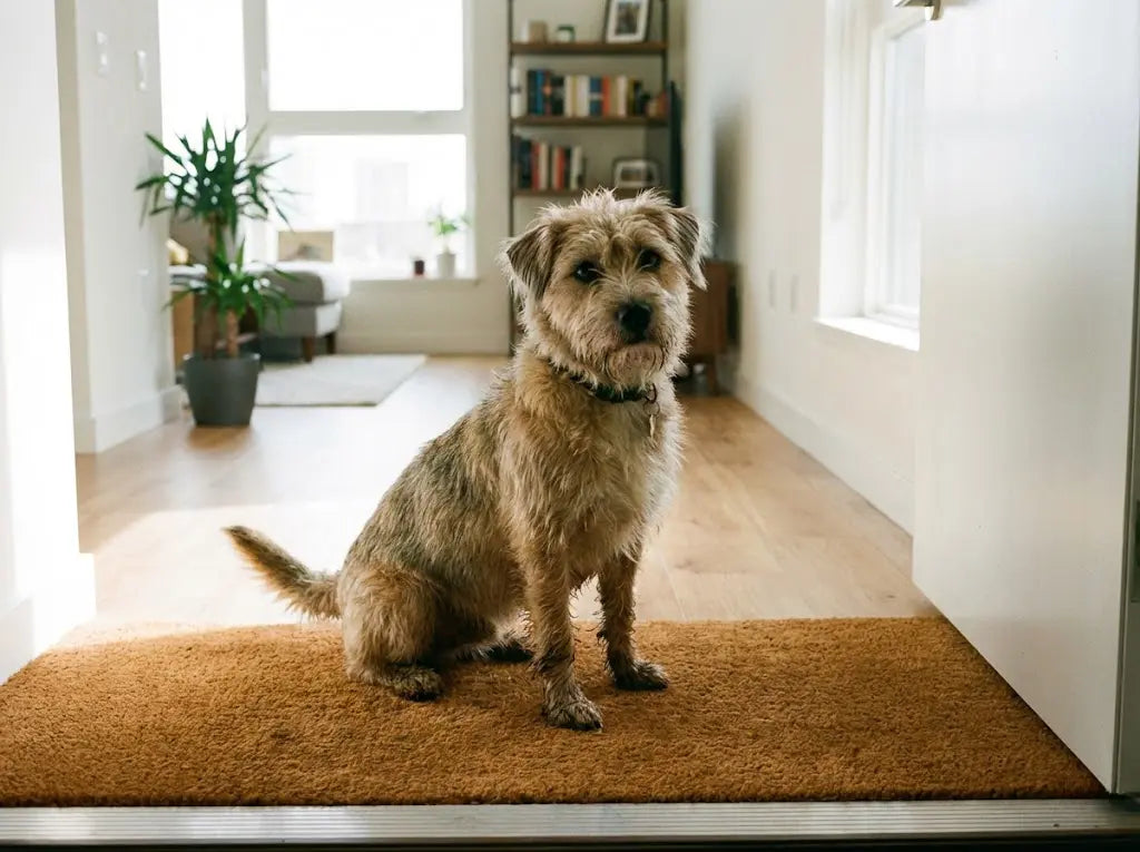 A cute dog with muddy paws sitting patiently at an apartment entryway, waiting to be cleaned after a walk.