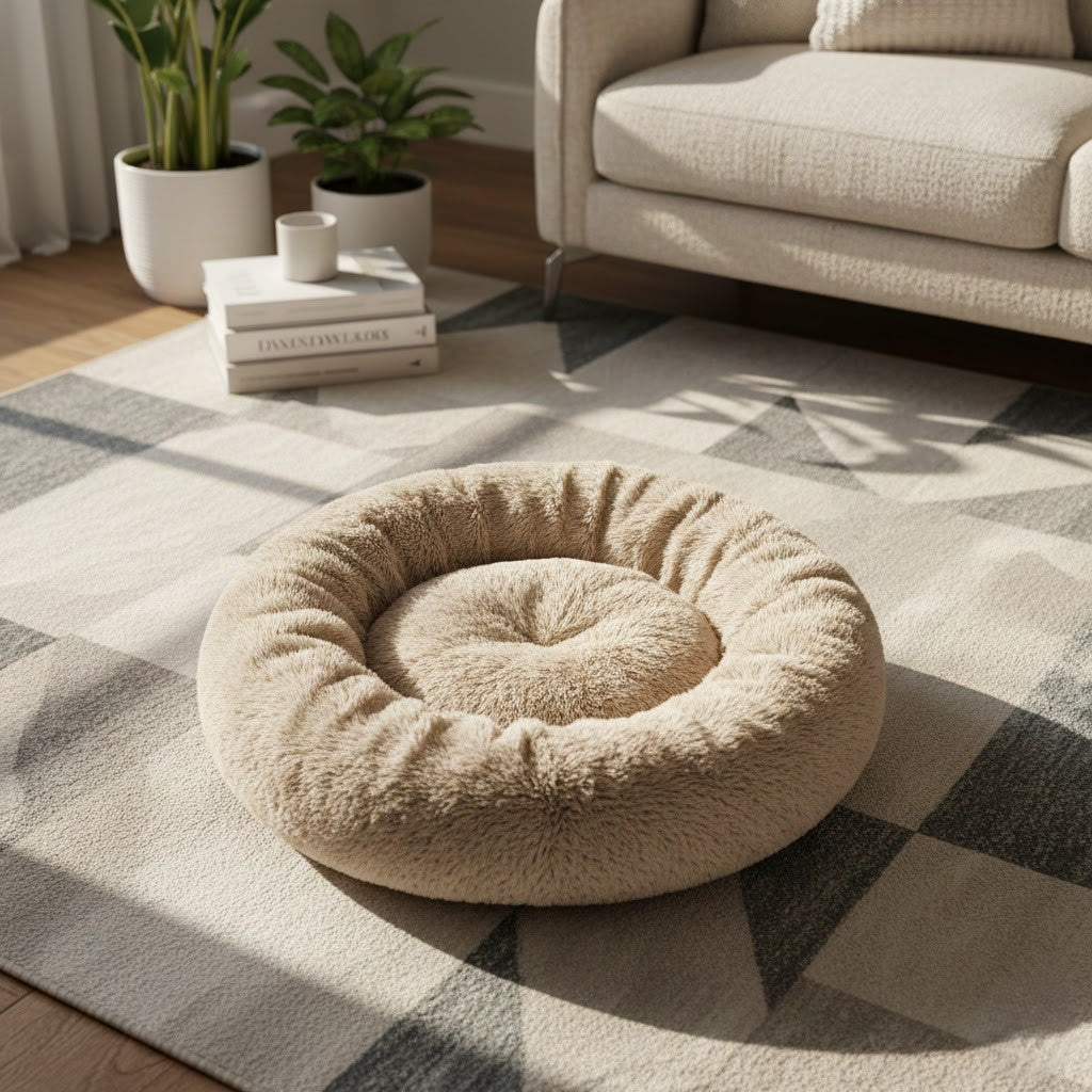 Fluffy beige calming donut dog bed for anxiety