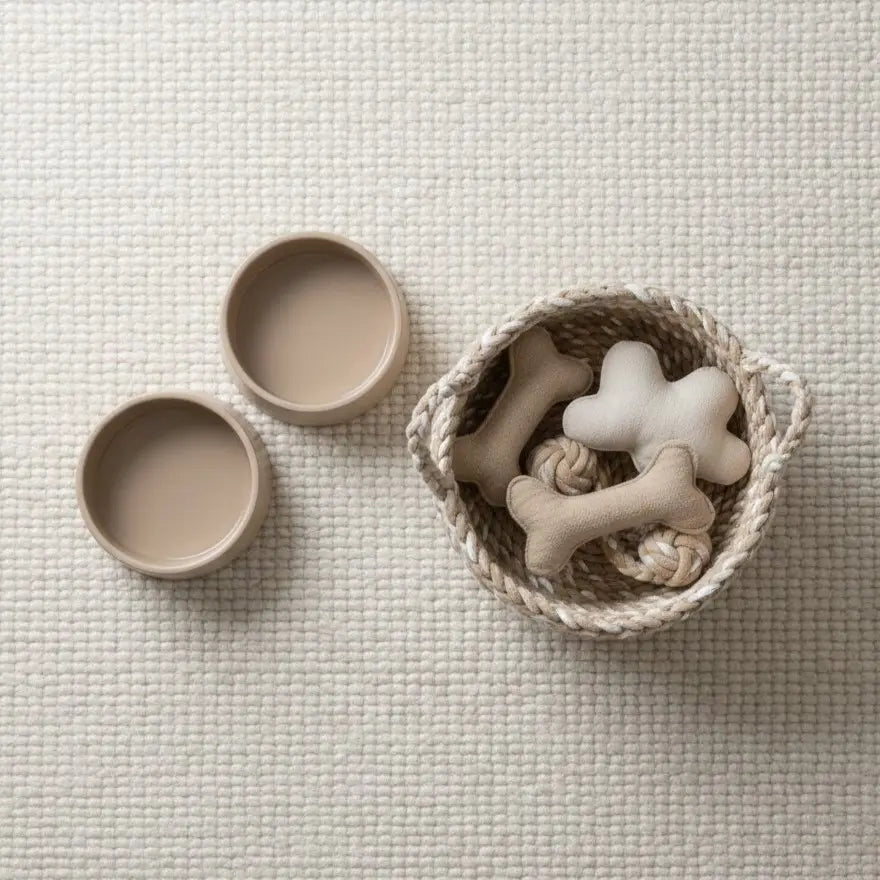 Neutral aesthetic beige dog supplies and toys