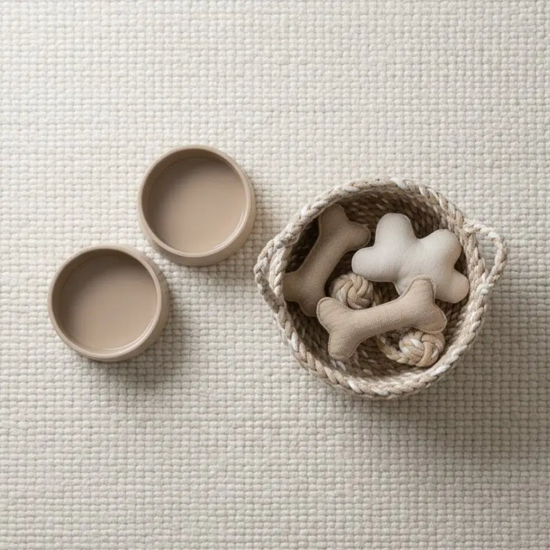 Neutral aesthetic beige dog supplies and toys