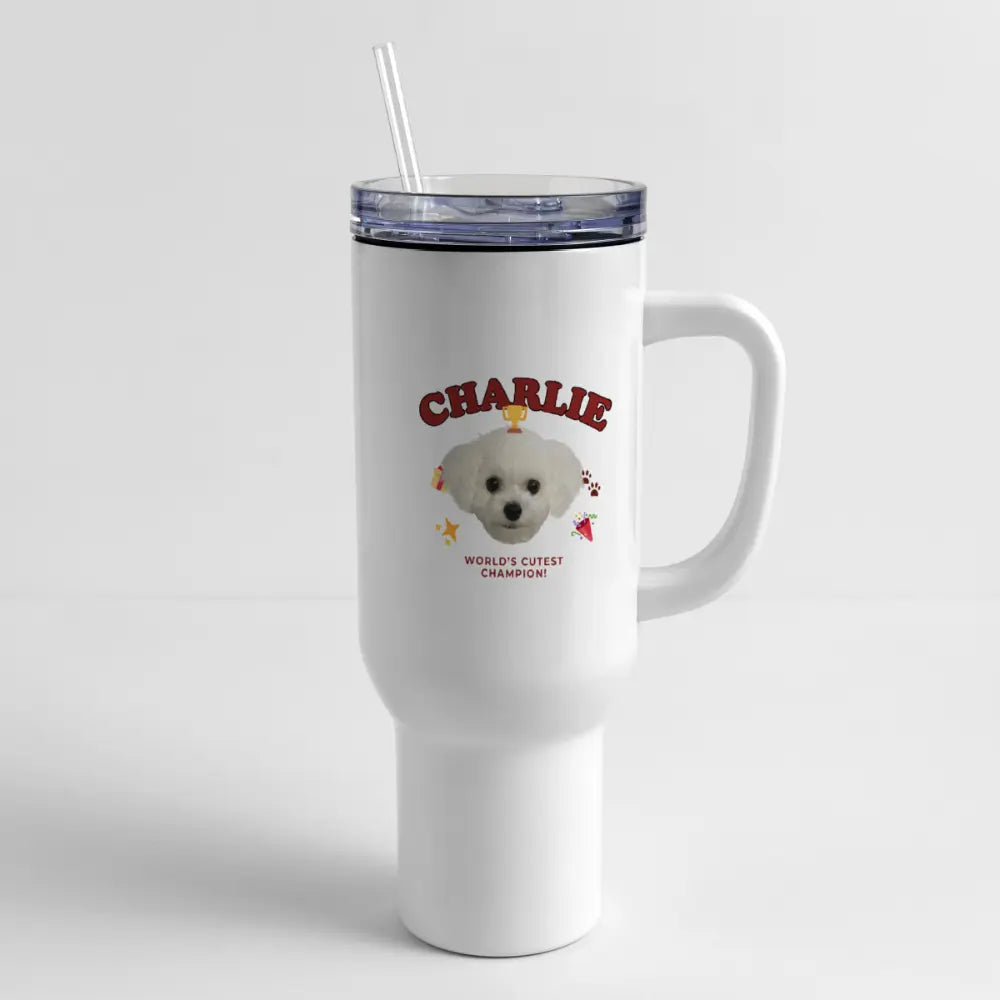 Personalized pet photo travel mug, 40oz style white insulated tumbler with handle, custom dog portrait gift for pet lovers.
