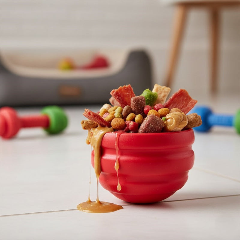 Durable rubber treat dispensing dog toy