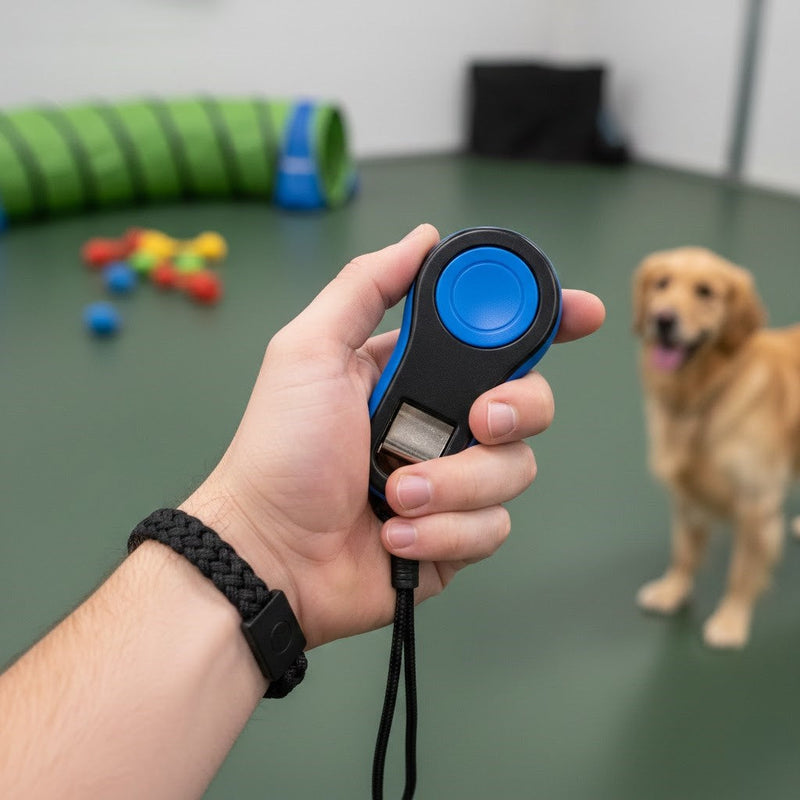 Dog training clicker with wrist strap