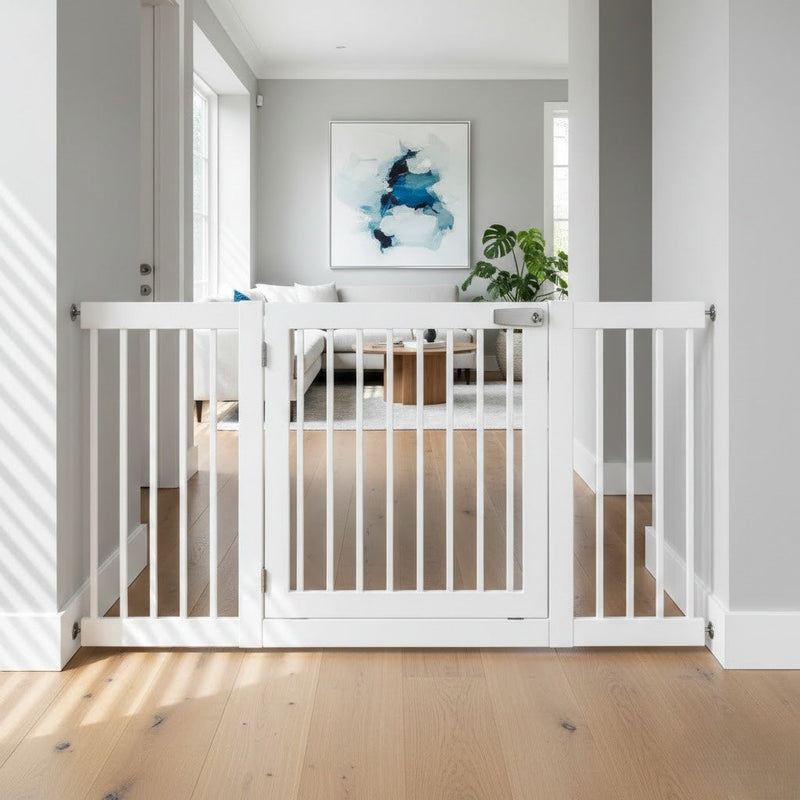Freestanding indoor wooden dog gate