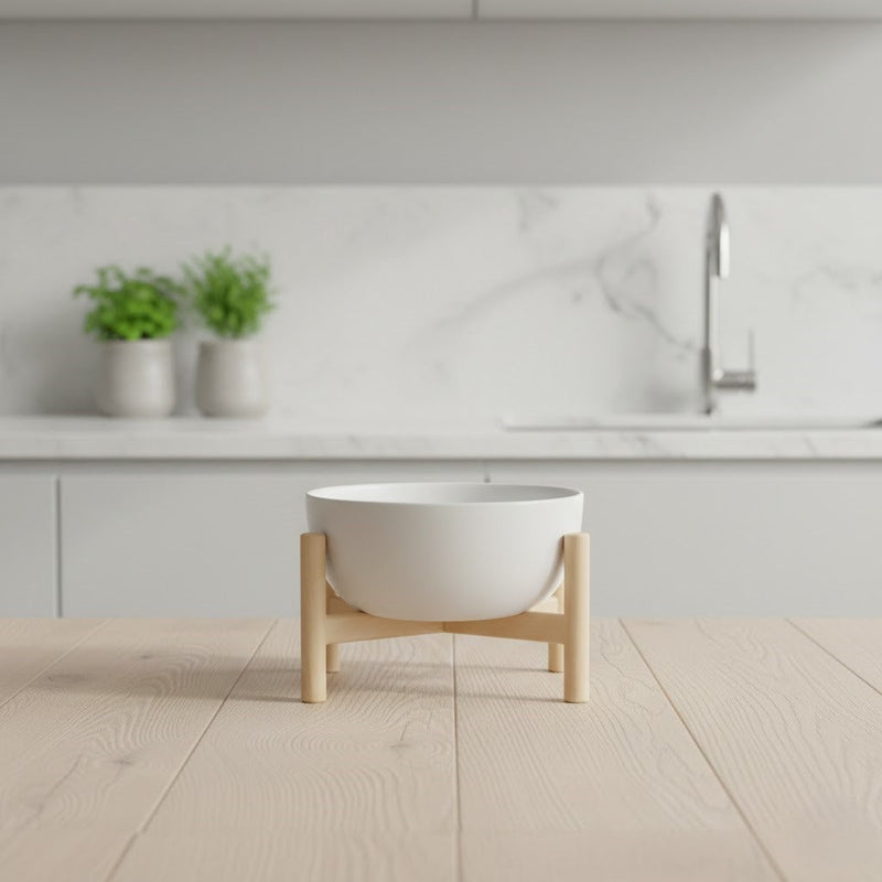 Minimalist ceramic dog bowl with wooden stand