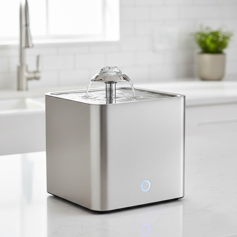 Filtered stainless steel dog water fountain