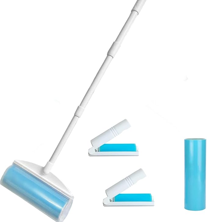 Washable Reusable Lint Roller, Large Retractable StickyLint Roller 8 inches Cat Dog Pet Hair Remover with 3-Foot Extendable Handle, Gel Sticky Picker Set Cleaner for Carpet, Clothes, Sofa