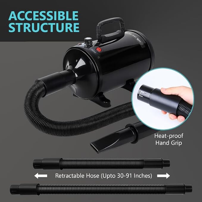 Dog Dryer, 3.26HP/2400W High Velocity Blow Dryer for Dogs with Adjustable Speed and Temperature Control, Low-Noise Pet Blower with 3 Nozzles, Retractable Hose for Professional Pet Grooming