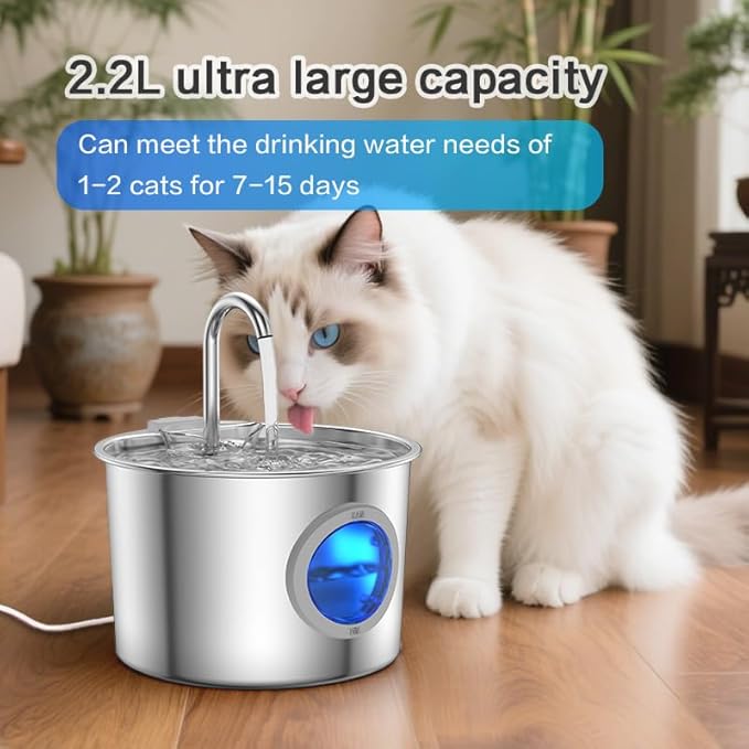 Cat Water Fountain Advanced 304 Stainless Steel 2.2L/74oz with Detachable Tank, Easy to Clean, Automatic Pet Fountain Quiet Cats Water Dispenser, Dogs (74oz Cat Fountain + 6 Filters)