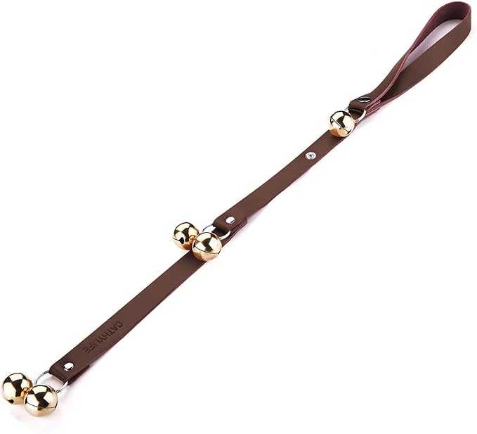 Leather Dog Doorbells for Door Knob/Potty Training/Go Outside, Length Adjustment Copper Dog Bell, Housetraining Hanging Bell, Dark Brown Leather Golden Bells