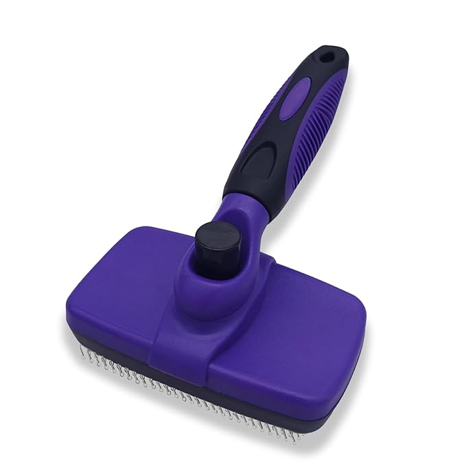 Self Cleaning Slicker Brush - Pet Hair Removal Tool for Long Short Hair grooming: Soft Rubber Tips Gentle on Sensitive Skin Cat Dog brush Specifically for Indoor pet hair removal glove (purple)