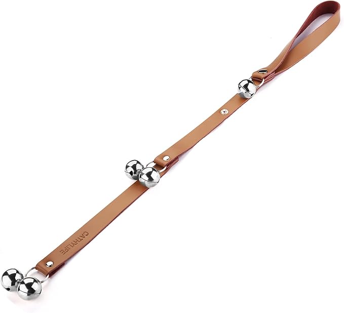 Leather Dog Doorbells for Door Knob/Potty Training/Go Outside, Length Adjustment Copper Dog Bell, Housetraining Hanging Bell, Brown Leather Silver Bells.