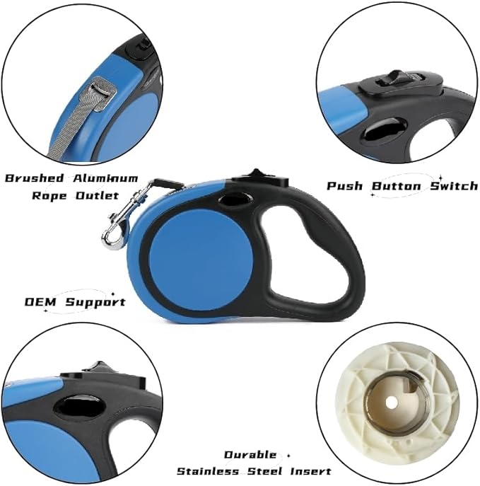 Dual Retractable Dog Leash Small Breed (Up to 44 Lbs Each) - Double Headed 16 ft Extendable Pet Leash with Poop Bags, Non Slip Grip - One Button Break & Lock, 360° Tangle-Free (Blue, Medium)