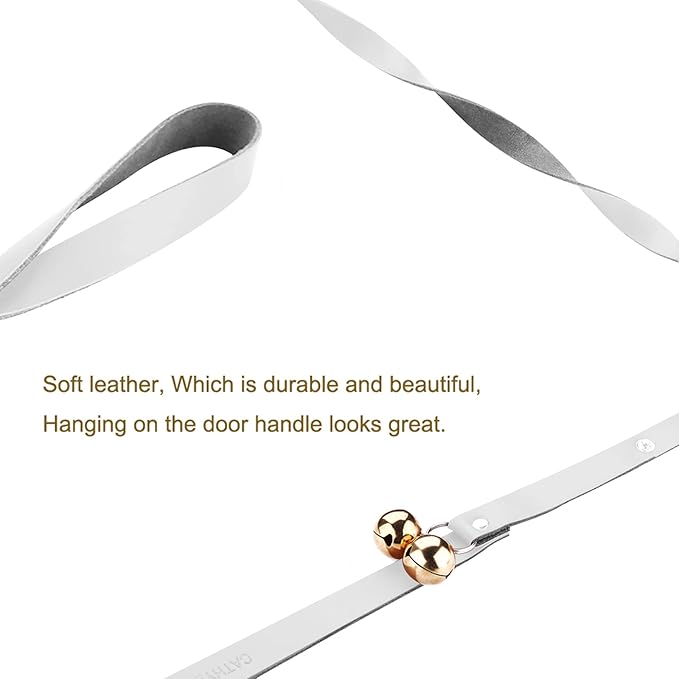 Leather Dog Doorbells for Door Knob/Potty Training/Go Outside, Length Adjustment Copper Dog Bell, Housetraining Hanging Bell, White Leather Golden Bells - 2 Pack.