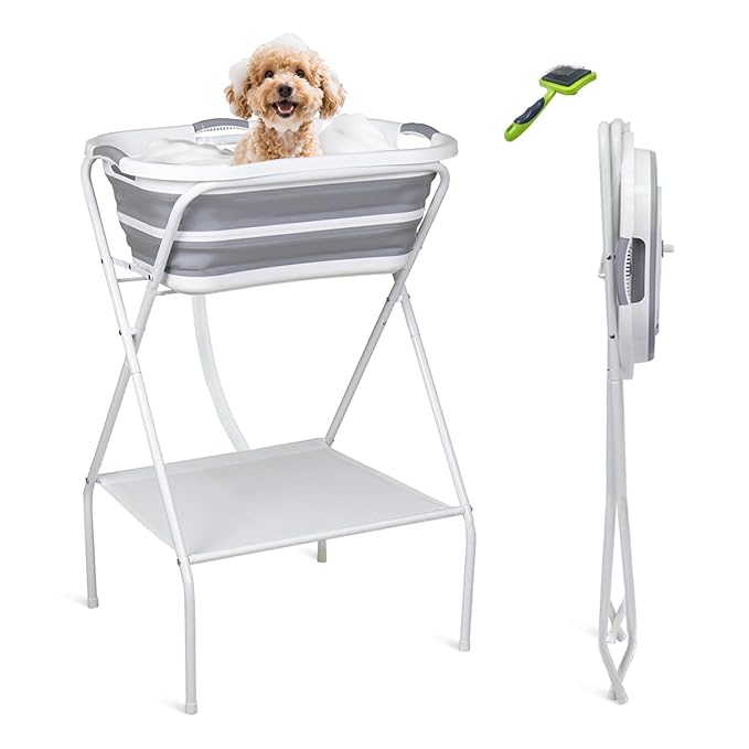2 in 1 Elevated Dog Bath Tub & Foldable Washing Station with Stand, Portable Pet Bathtub for Small Medium Dogs & Cats, Raised Pet Shower Tub with Safety Collar & Drain Plug & Brushes