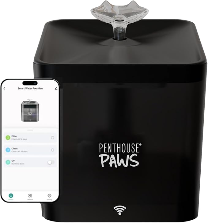 Penthouse Paws Smart Cat Water Fountain 2.2L, App Controlled Automatic Water Dispenser, Ultra Quiet Pump, 5-Stage Filter, Whisker Friendly Bowl, for Cat & Dog, Black