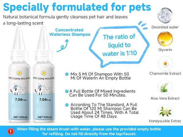 Pet Steam Brush Spray Refill for Dogs & Cats – Concentrated Waterless Shampoo, 3-in-1 Pet Comb Leave-in Serum, Self Cleaning Pet Comb for Shedding & Hair Removal, 2*Shampoo(Steam Brush Not Included)