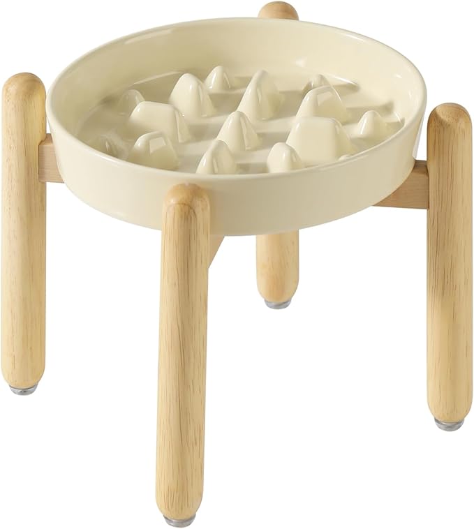 Ceramic 1.6 Cup Dog Raised Slow Feeder Set, Elevated Bowl with Wooden Stand for Medium and Large Dog, 8.2inch Slow Feeder Dish for Fast Easters, Anti-Gulping(Beige, Single Bowl+ Stand)