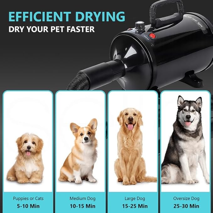 Dog Dryer, 3.26HP/2400W High Velocity Blow Dryer for Dogs with Adjustable Speed and Temperature Control, Low-Noise Pet Blower with 3 Nozzles, Retractable Hose for Professional Pet Grooming