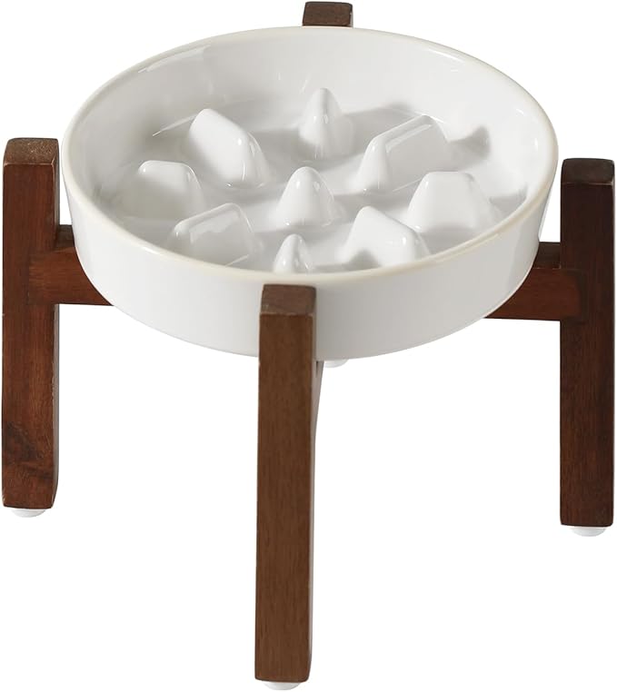 Ceramic 1.2 Cup Dog Raised Slow Feeder Set, Elevated Bowl with Wooden Stand for Medium and Small Dog, 7.3inch Slow Feeder Dish for Fast Easters(Single Bowl+ Stand, Reactived Glaze -White)