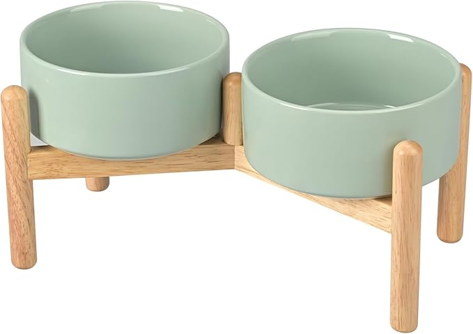 SPUNKYJUNKY Ceramics Raised Dog Bowls with Wooden Stand - Elevated Bowls for Small Medium Dogs (Double 28.7OZ, Light Green)