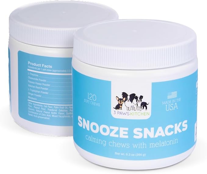 3 Paws Kitchen Snooze Snacks - Calming Chews for Dogs with Melatonin, Chamomile, and Valerian Root - Dog Anxiety Relief Supplement - 120 Soft Chews - Natural, Vet-Approved - Made in USA