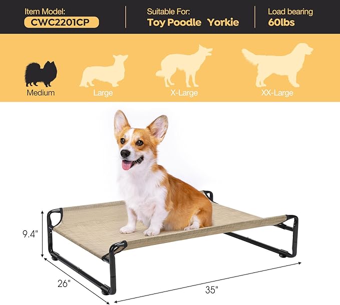 Veehoo Original Outdoor Elevated Dog Bed, Cooling Raised Dog Cot for Medium Dogs, Portable Standing Pet Hammock Platform with Washable Breathable Mesh, No-Slip Feet, Medium, Beige Coffee, CWC2201