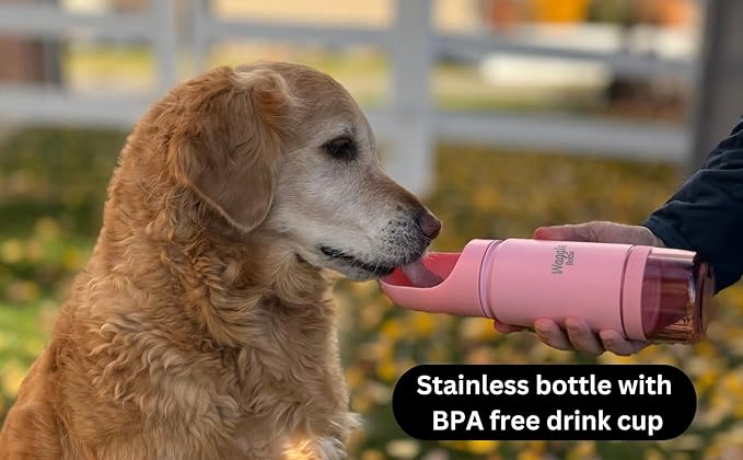 Waggle Bottle Stainless Steel Dog Travel Water Bottle, Vacuum Insulated Portable Dog Water Dispenser, Drink Cup and Snack Container On The Go, Outdoor Walking, Hiking, Travel (Pink, 22oz)