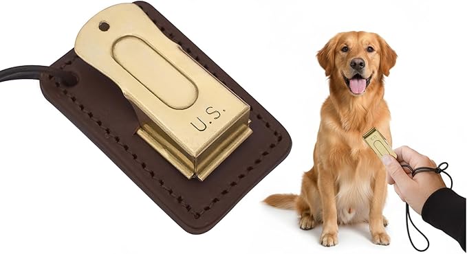 Mythrojan Brass and Steel Pet Training Clicker Puppy Dog Training Cricket Clicker U.S. Engraved WII Military Gear Metal Clicker (Clicker with Leather Gripper)
