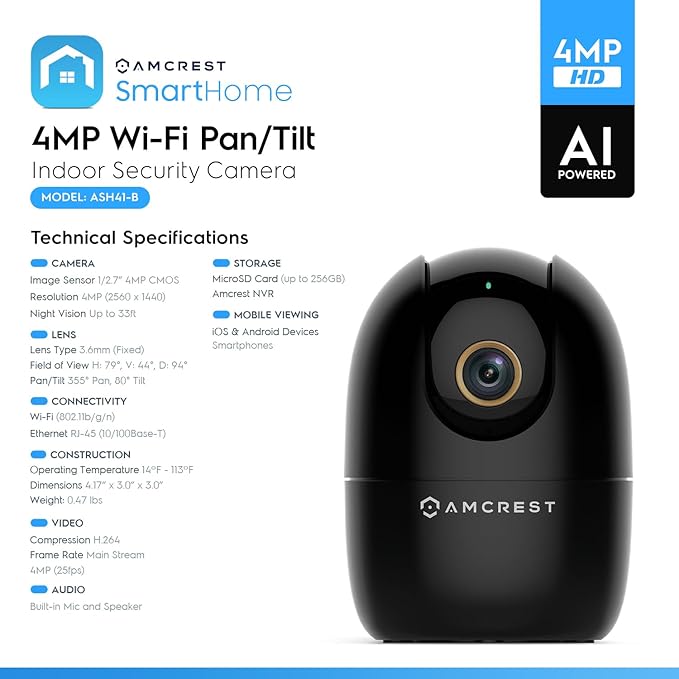 Amcrest 4MP WiFi Camera Indoor, Dog Camera, Sound & Baby Monitor, Human & Pet Detection, Motion-Tracking, w/ 2-Way Audio, Pan/Tilt Wireless IP Camera, Night Vision, Smart Home ASH41-B