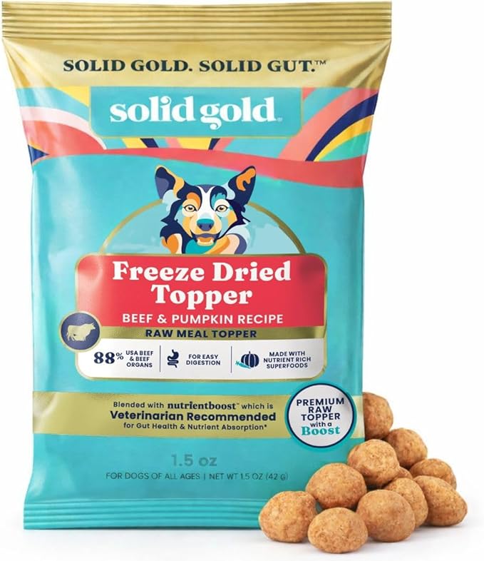 Solid Gold Freeze Dried Dog Food - W/Real Beef, Pumpkin & Superfoods - Freeze Dried Raw Dog Food Toppers for Picky Eaters to Serve as a Nutrient-Dense Meal Topper or High Protein Treats - 1.5oz