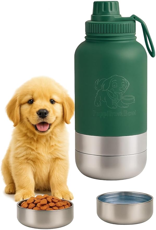 PuppiTravelBowl 3-in-1 Portable Dog Water & Food Bottle, 32oz Leak-Proof Travel Bowl for Pets – Green
