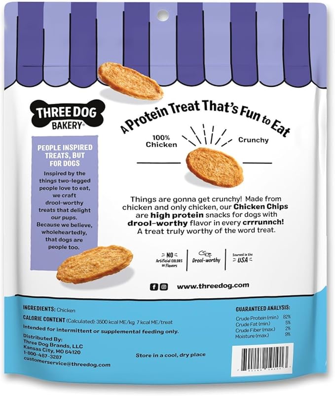 Three Dog Bakery Bark’N Crunch! Chicken Chips, Crunchy Treats for Dogs, Single Ingredient, High Protein Snacks, No Artificial Flavors or Colors, Made in The USA, 8 oz.