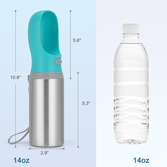 Portable Dog Water Bottle, 14 OZ, Stainless Steel Leak Proof Puppy Water Dispenser with Drinking Feeder for Pets Travel, Walking, Hiking and Outdoor Activities