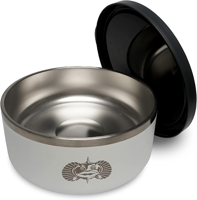 Toadfish Non-Tipping Dog Bowl - Double-Walled Stainless Steel Insulated - Smart-Grip Technology - Includes Cover - Pet Food & Water Dish - White