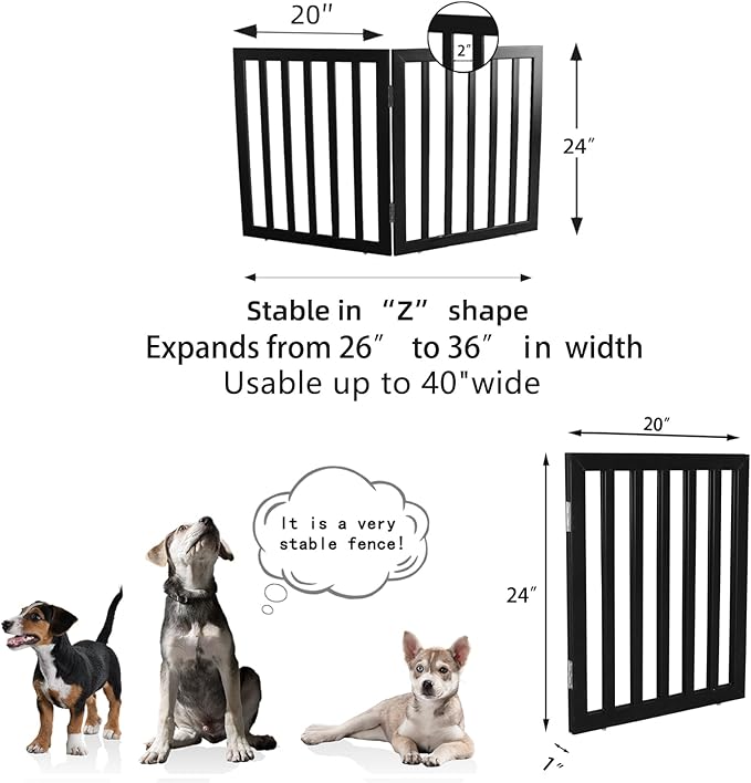ZJSF Freestanding Indoor Dog Gate for House Foldable Wood Black Puppy Gate for Doorways Pet Gate for Stairs Extra Wide Pet Fence 24" Height 2 Panels