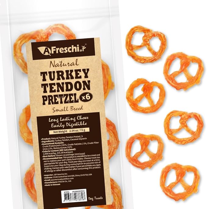 A Freschi srl Turkey Tendons for Dogs, USA-Sourced, Healthy Dog Treats, Rawhide-Free Puppy Chews, Long Lasting, All Natural, Hypoallergenic Dog Treats for Small Breeds, 6 Count Pack Pretzel (S)