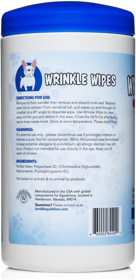 Squishface Wrinkle Wipes – 5”x7” Large Dog Wipes - Deodorizing, Tear Stain Remover – Great for English Bulldog, Pugs, Frenchie, Bulldogs, French Bulldogs & Any Breed! (80 Count) (Pack of 2)