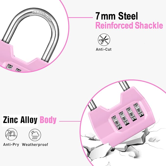 1 Pack disecu 4-Digit Combination Lock, Waterproof Outdoor Padlock for School Gym Locker, Fence, Gate, Shed, Storage Unit (Pink)