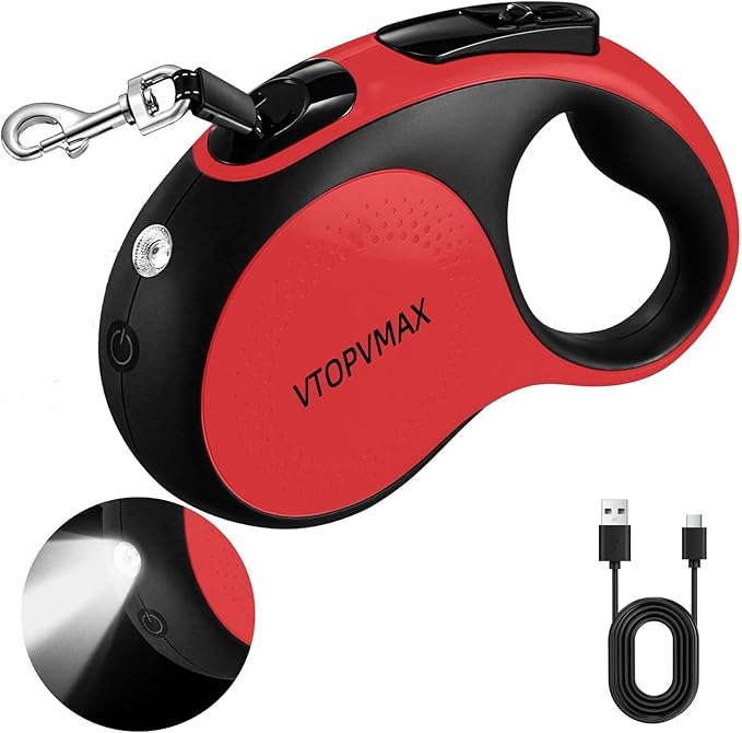 16Ft Retractable Dog Leash - for Small to Medium Dogs Up to 66lbs, Heavy Duty Retractable Leash with Light Rechargeable, Quick Lock Braking & Non-Slip Handle (Red)