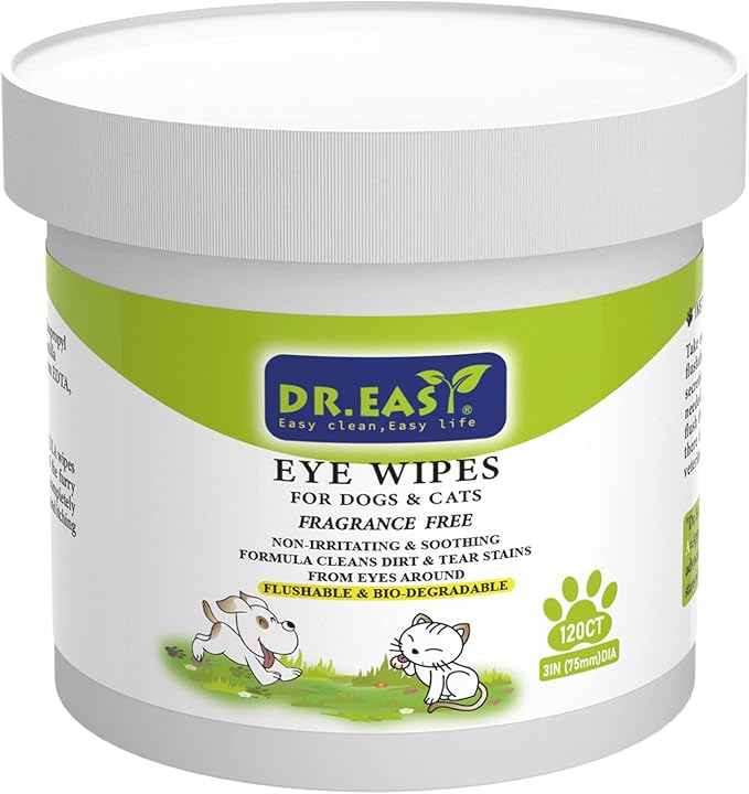 DR.EASY Pet Eye Wipes 120 Ct for Dog Cat Horse & Rabbit Grooming,Tear stain remover,Puppy Kitty eye wash,Remove dirt crust dried mucus discharge secretions, Unscented soft & gentle,Plant Based Formula