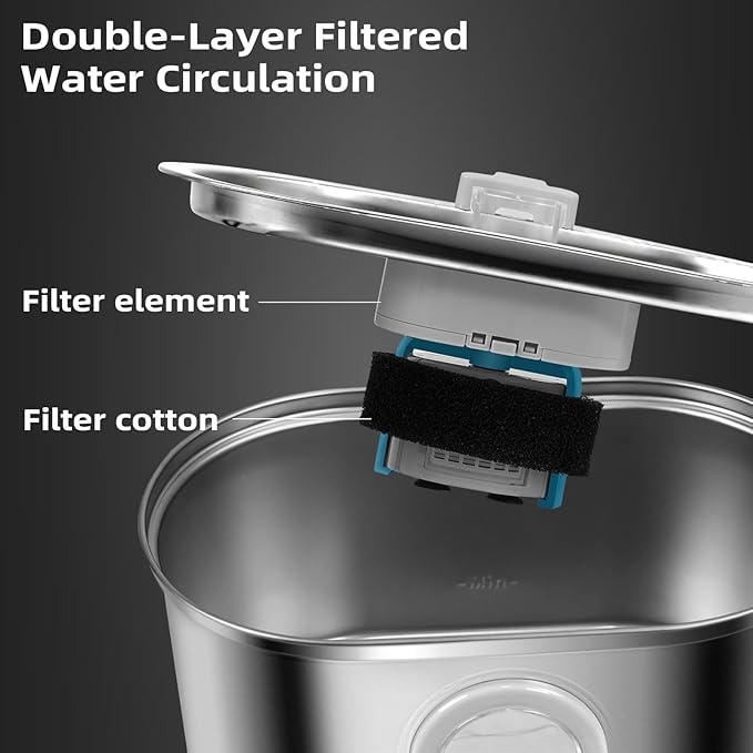 Cat Water Fountain Stainless Steel 3.2L/108oz Capacity, Automatic Pet Water Dispenser with Quiet Pump, and Dishwasher Safe Design for Cats, Dogs(Cat Fountain + 1 Filter + 1 Sponges)