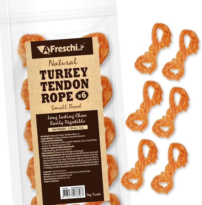 A Freschi srl Turkey Tendons for Dogs, USA-Sourced, Healthy Dog Treats, Rawhide-Free Puppy Chews, Long Lasting, All Natural, Hypoallergenic Dog Treats for Small Breeds, 6 Count Pack Rope (S)
