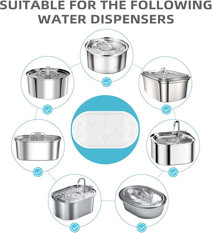 Cat Water Fountain Filter Compatible with Stainless Steel Dispenser, Efficient Filtration with Coconut Shell Activated Carbon and Fresh Water (8 Filters+8 Sponges)