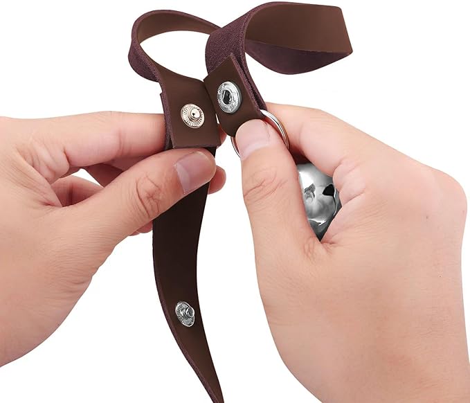 Leather Dog Doorbells for Door Knob/Potty Training/Go Outside, Length Adjustment Copper Dog Bell, Housetraining Hanging Bell, Dark Brown Leather Silver Bells - 2 Pack