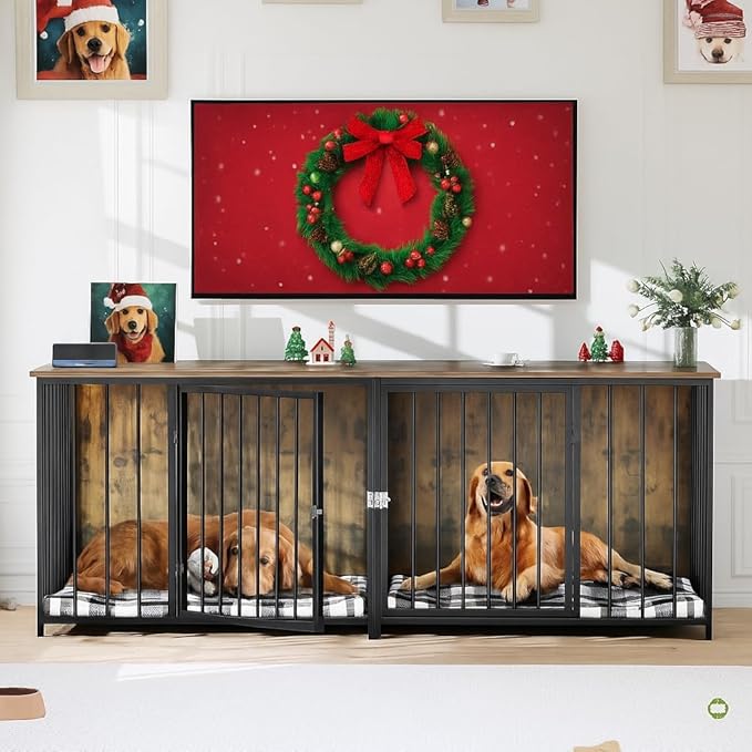 YITAHOME Double Dog Crate Furniture, 80.2 inch Large Breed Dog Kennel with Divider, Heavy Duty Dog House TV Stand Indoor for 2 Medium Dogs, Brown