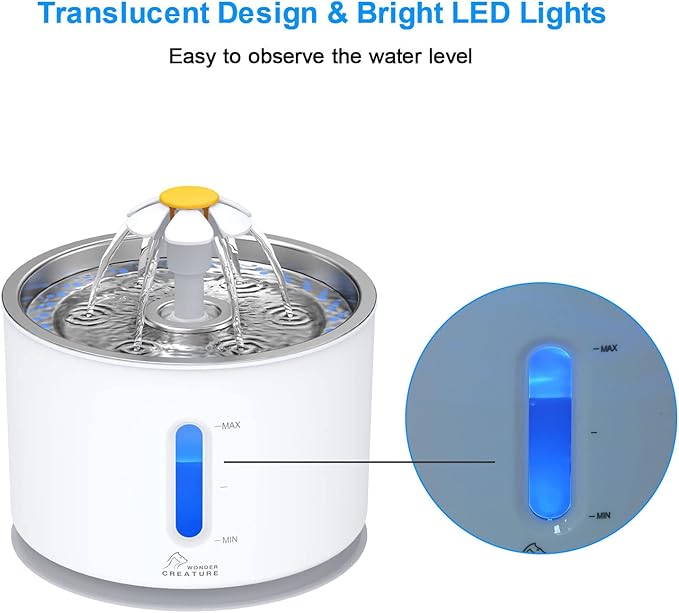 Wonder Creature Cat Water Fountain Stainless Steel, 81oz/2.4L Cat Fountain with Water Level Window and LED Light for Water Shortage Alert, Cat and Dog Fountain with 3 Filters and 1 Mat